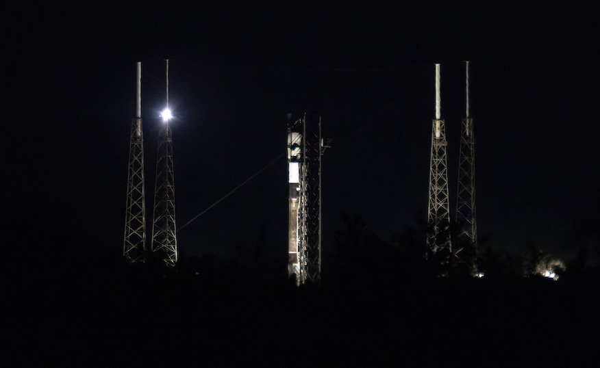 Starlink 10-34 Launch Preparation - Falcon 9 Rocket Ready at Cape Canaveral Falcon 9 rocket standing on the launch pad for Starlink 10-34 mission with V2 Mini satellites